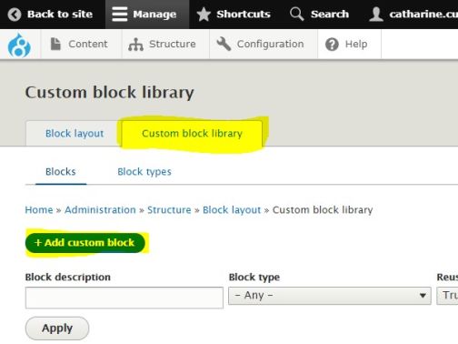 Custom block library tab > Add custom block button