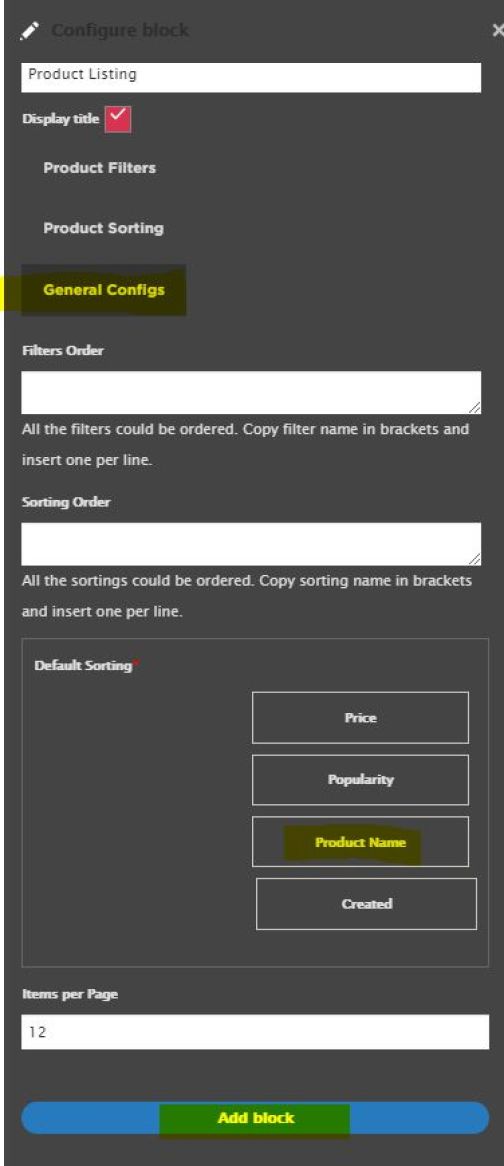 Product listing block config