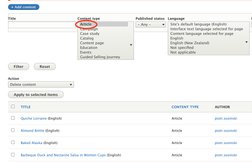 Screenshot showing where to filter content by article or education content type