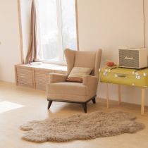 Armchair in a bright living room next to a guitar amp