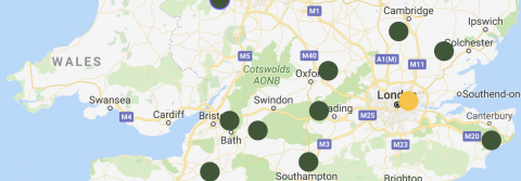 Map of UK with location pins